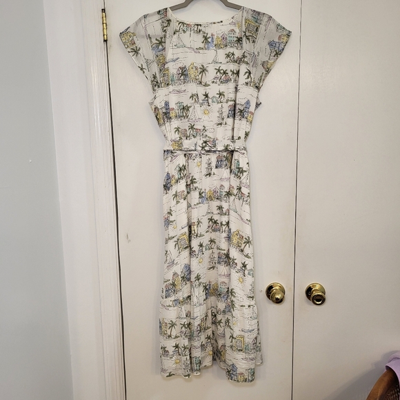 Talbots Ruffle Fit & Flare Dress Scenic Curacao Beach Palm 100% Cotton Women's 6 - Picture 10 of 13